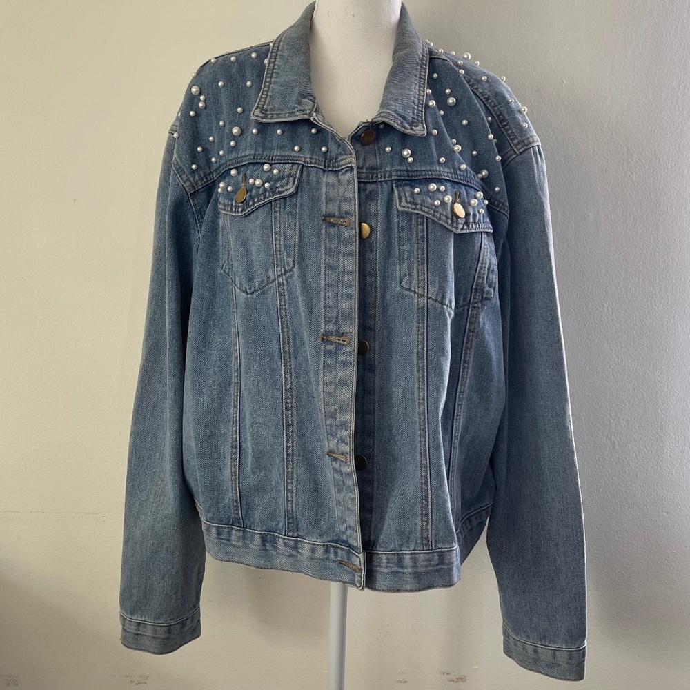 Denim Jacket ~ Pearl Embellishments ~ Boutique ~ Size 2X ~ PLUS Size